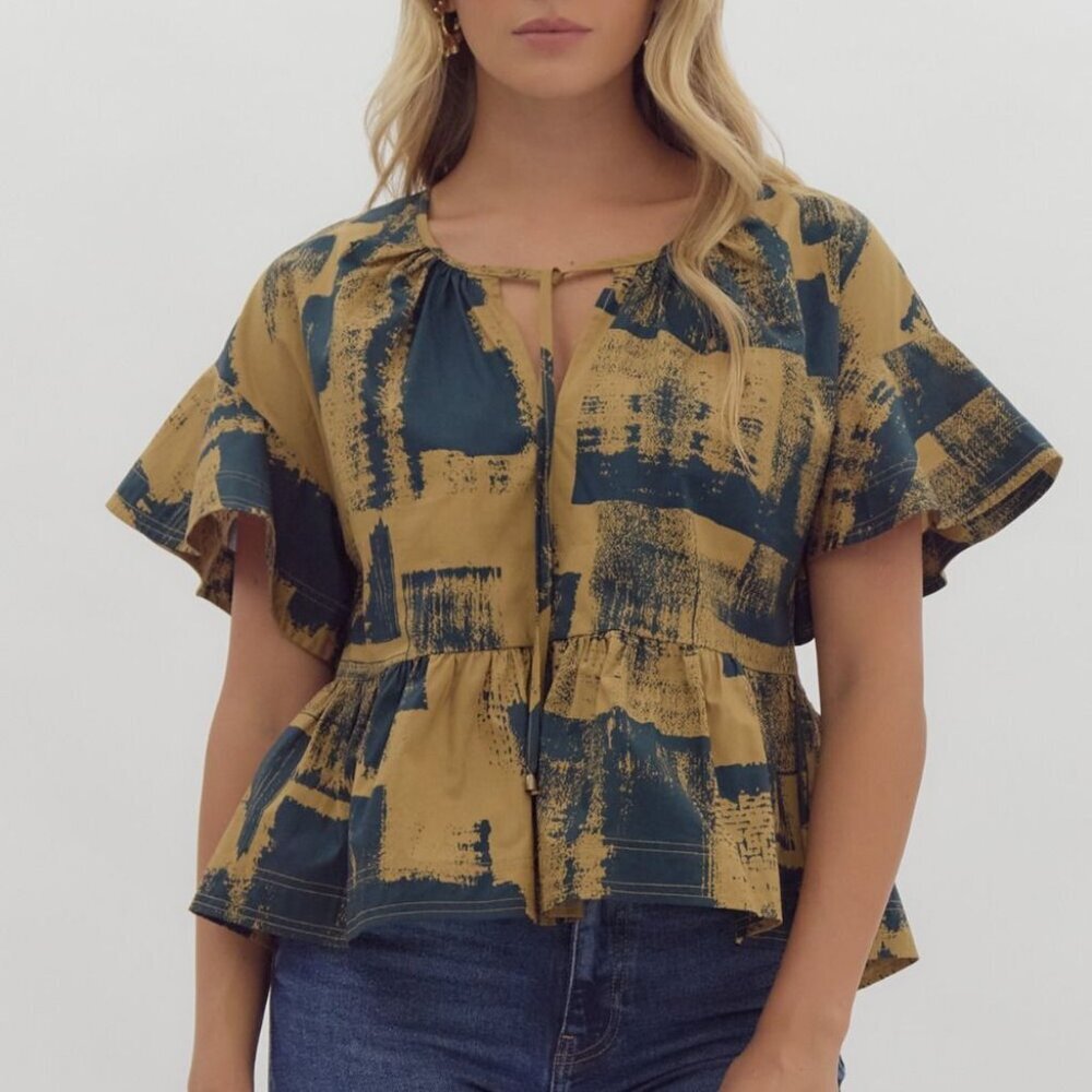 Entro - Abstract Print Peplum Blouse | Boho Flutter Sleeve Top | Sz S | NWT